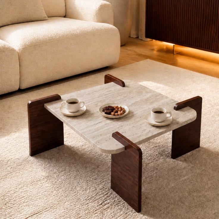 Table Basse Dougga — Marbre Naturel et Bois Massif