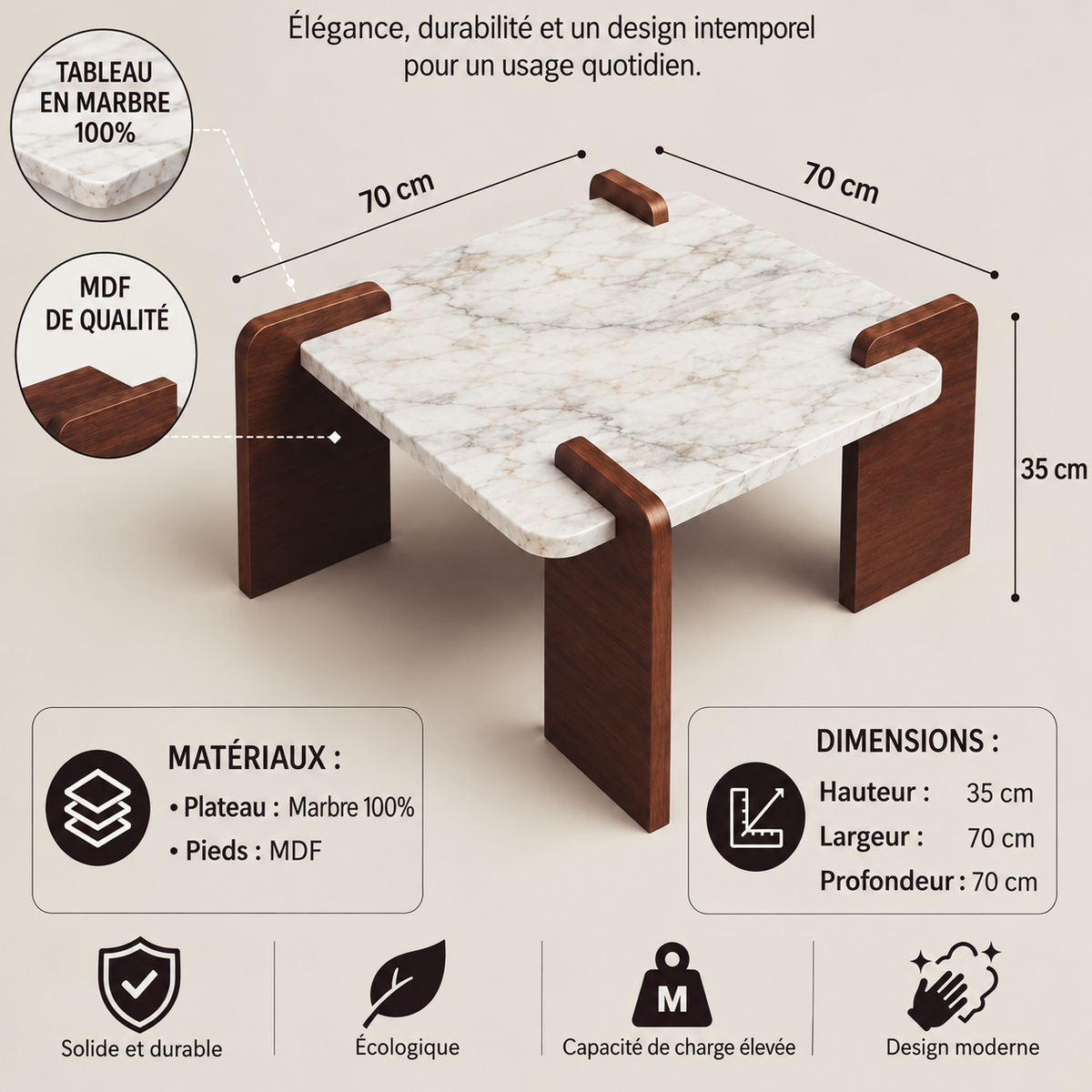 Table Basse Dougga — Marbre Naturel et Bois Massif