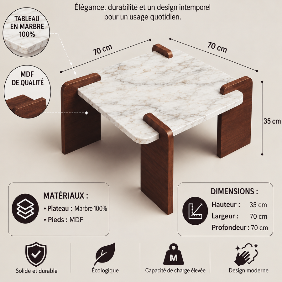Table Basse Dougga — Marbre Naturel et Bois Massif