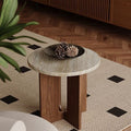 Table basse ronde en bois massif avec plateau en travertin