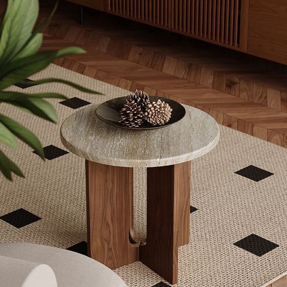 Table basse ronde en bois massif avec plateau en travertin