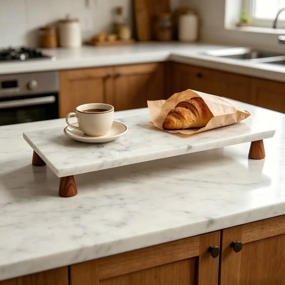 Plateau rectangulaire en marbre blanc avec pieds en bois massif sur plan de travail cuisine