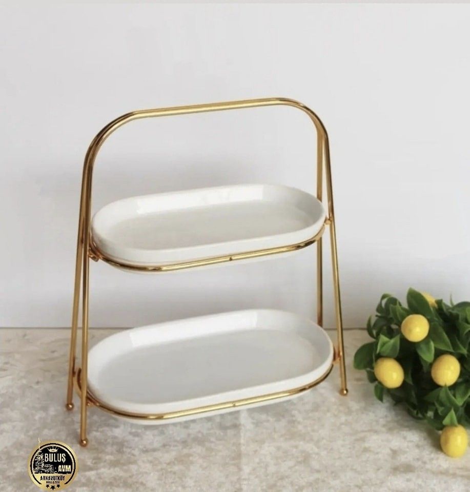 Round Metal 2-Tier Cake Stand en marbre naturel