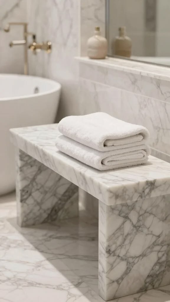 White marble bench in luxury bathroom with folded towels on top
