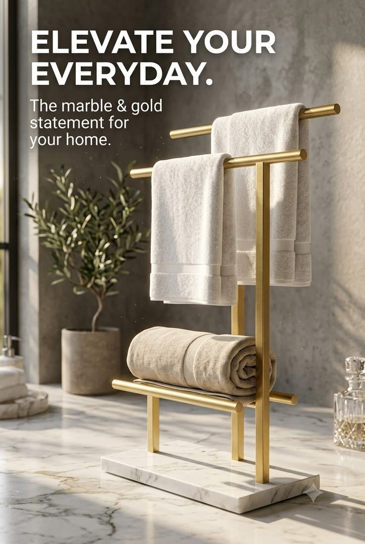 Countertop towel rack marble base and gold metal frame