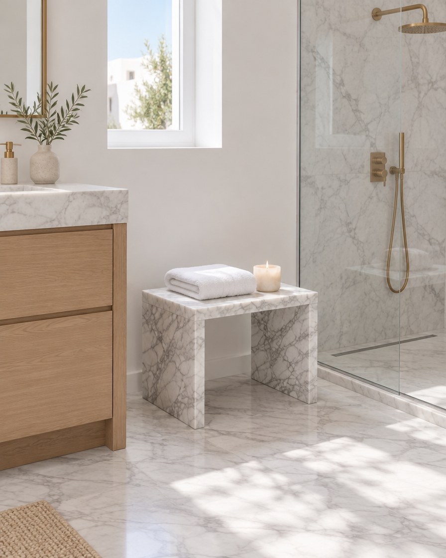 Banc en marbre blanc — en situation près de la douche (60 × 25 cm, H 40 cm)