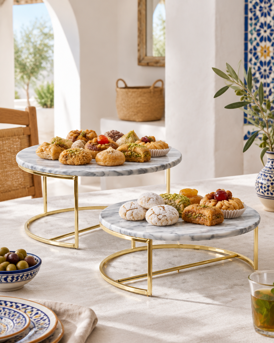 Cake stands marbre & or — en situation dans un intérieur tunisien