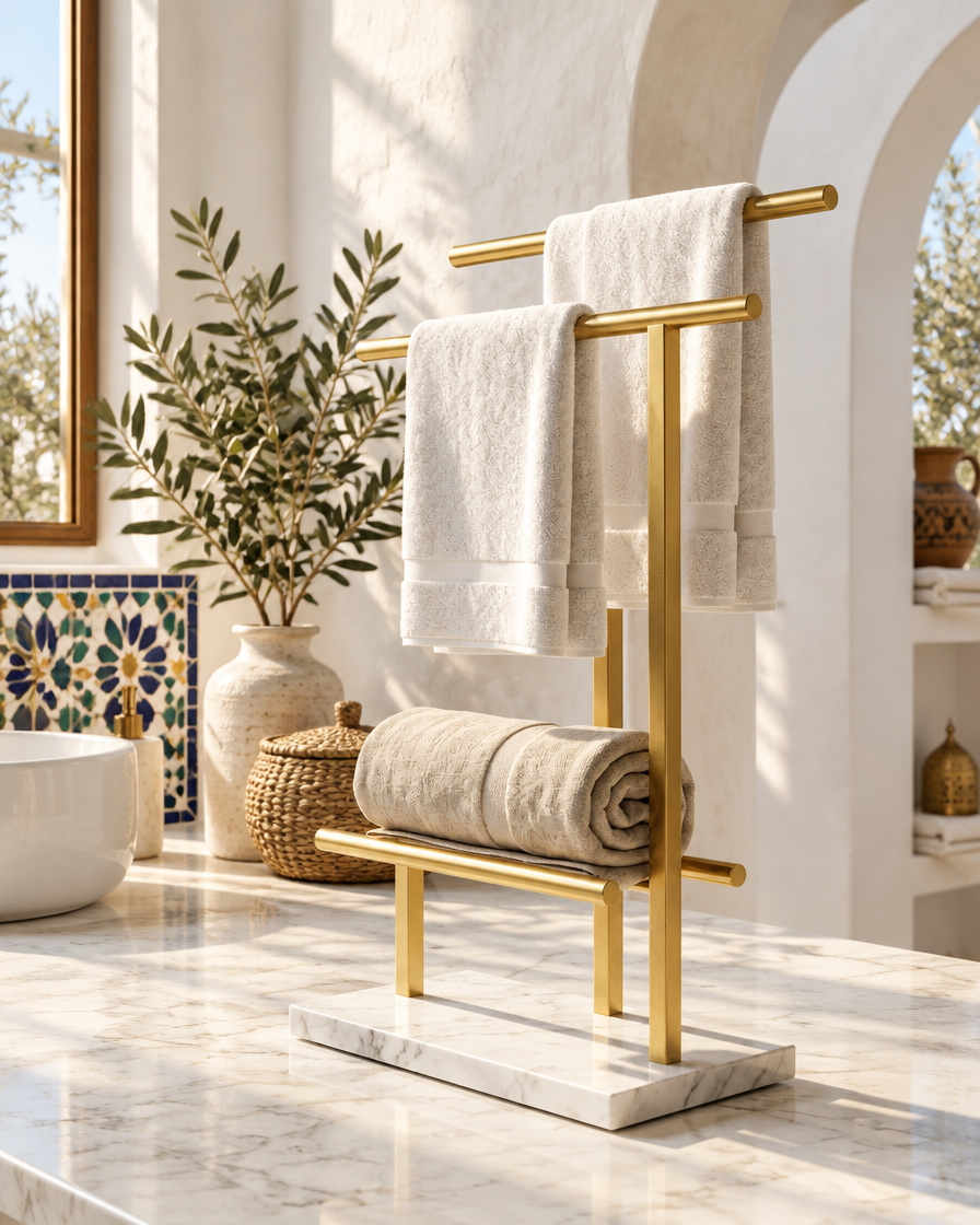 Porte-serviettes à poser marbre & doré — en situation dans un intérieur tunisien