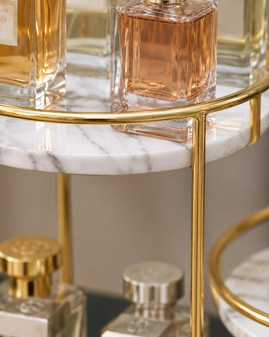 Élévia organisateur à parfums — détail du marbre naturel