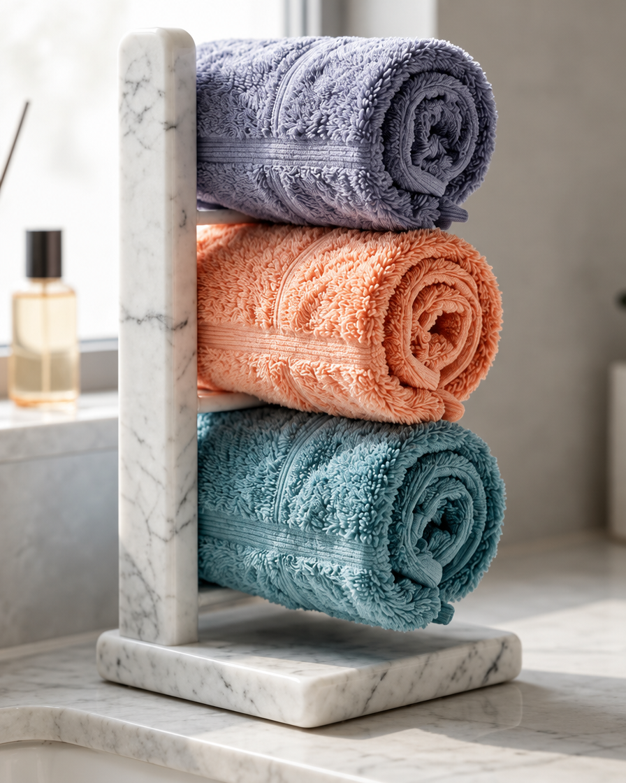 Porte-serviettes invités hammam — détail du marbre naturel