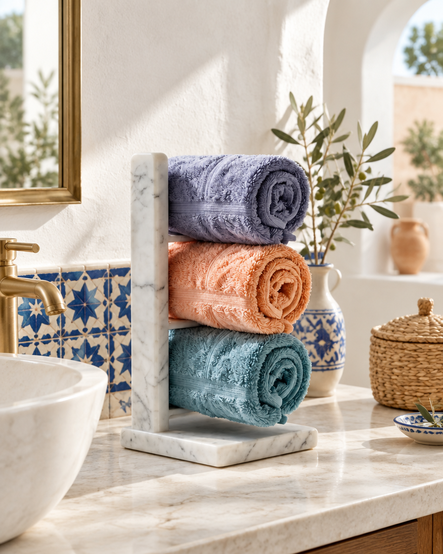 Porte-serviettes invités hammam — en situation dans un intérieur tunisien