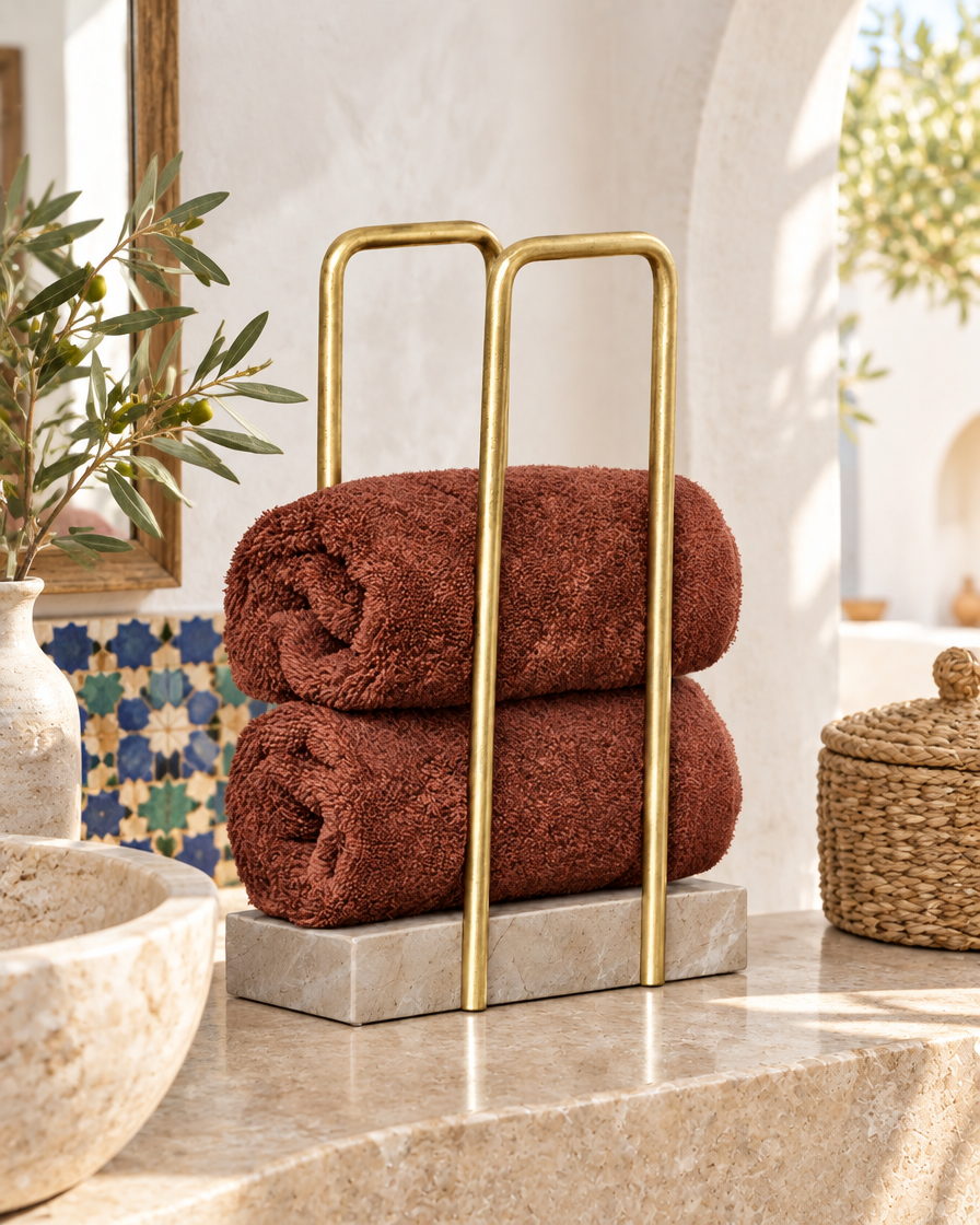 Support serviettes marbre & doré — en situation dans un intérieur tunisien