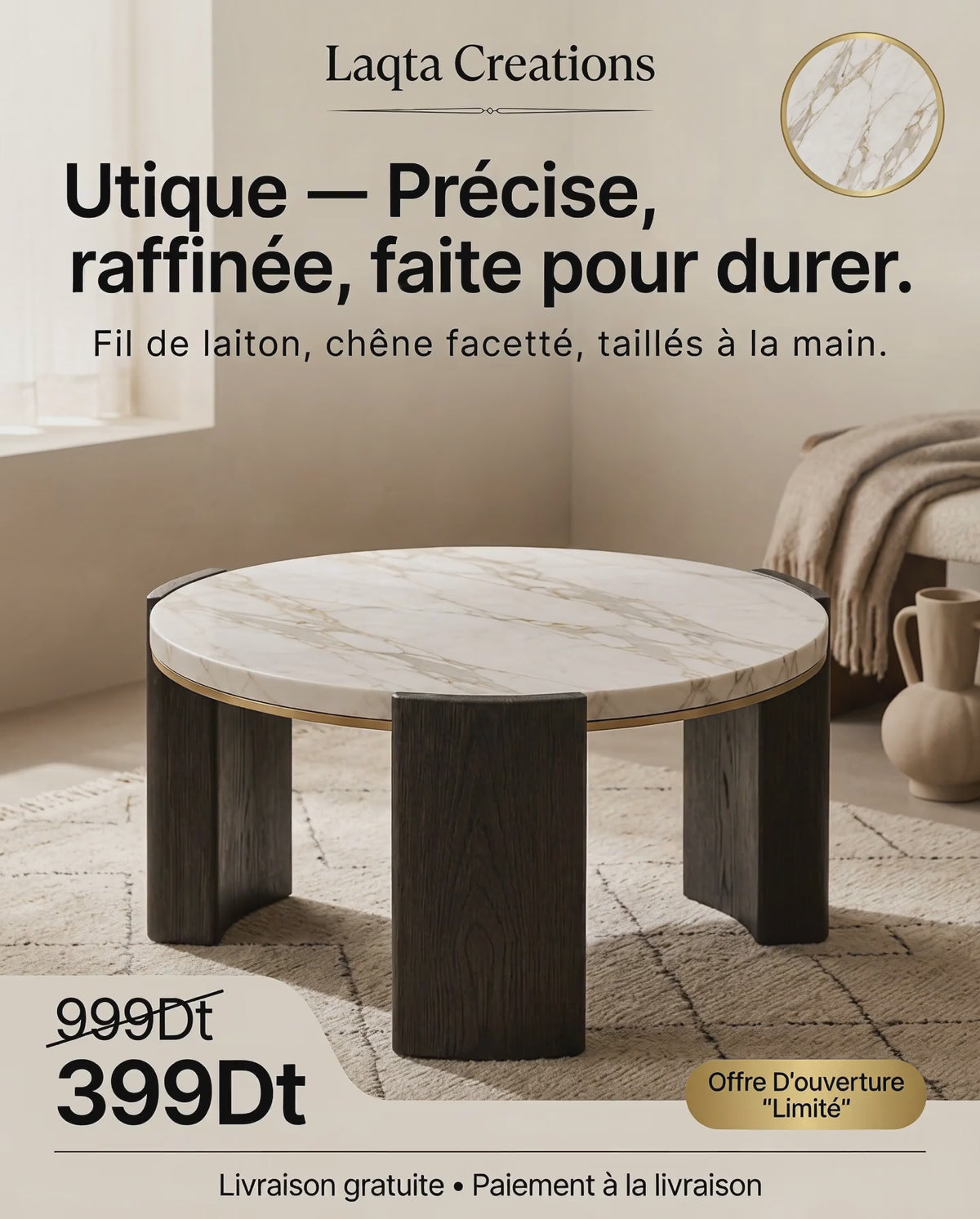 Table Basse Utique — Marbre Naturel, Bois